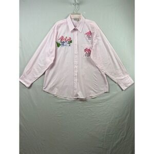 Las Olas Flamingo Button Down Shirt Women XL Pink Pinstripe Embroidered Tropical